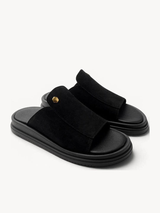 Schwarze Flatforms Breite Ferse Mit Metallischer Detail