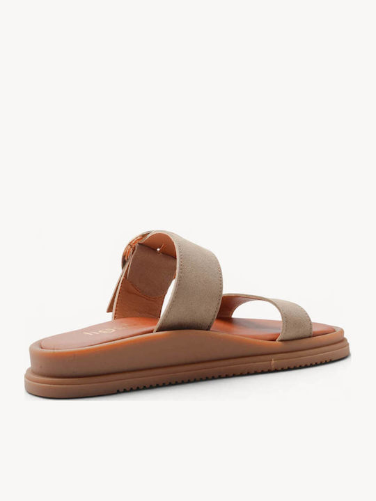 Beige Leder Flatforms Mit Großem Metallischen Schnallen