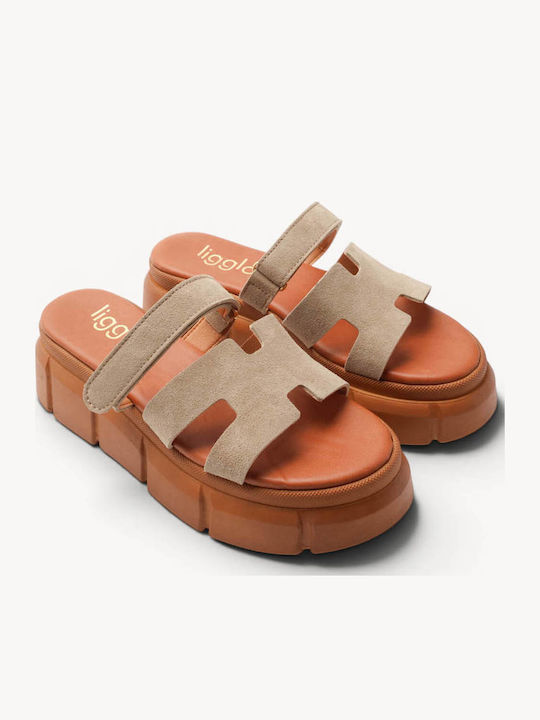 Бежови Кожени Chunky Flatform Сандали С Лазерно Рязана Лента