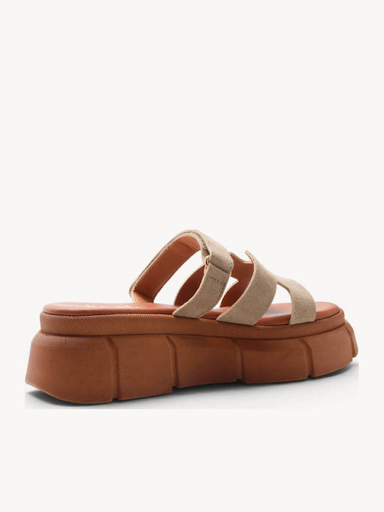 Бежови Кожени Chunky Flatform Сандали С Лазерно Рязана Лента