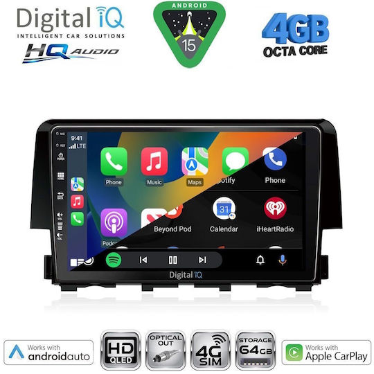 Digital IQ Car Audio System for Honda Civic 2012-2016 Bluetooth USB WiFi GPS Apple CarPlay Android Auto with 9" Touch Screen