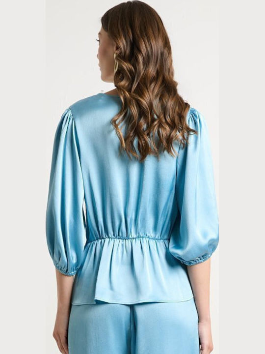Γυναικείο Crop Top Σατέν με Μανίκι 3/4 & V Λαιμόκοψη Σιελ