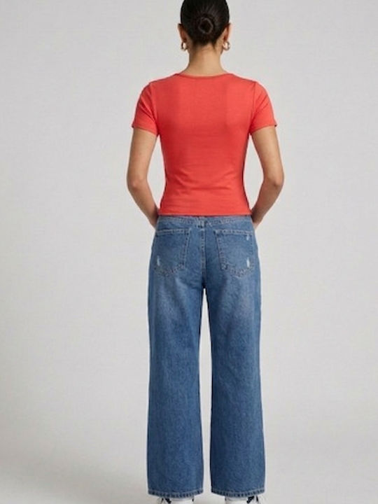 Damen Crop Top Leder Kurzärmelig Koralle