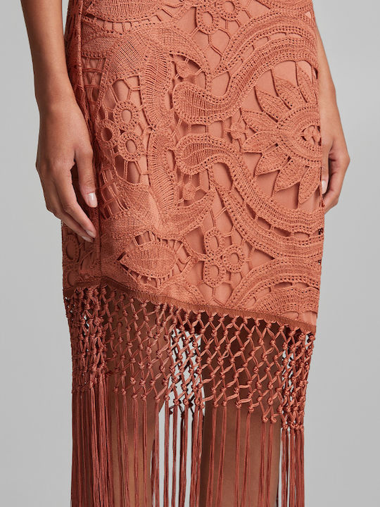 Summer Midi Dress for Wedding / Christening Off-Shoulder with Lace Terracotta
