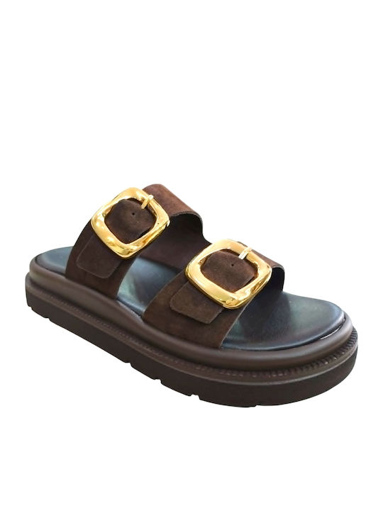 Δερμάτινα Γυναικεία Σανδάλια Flatforms Καφέ