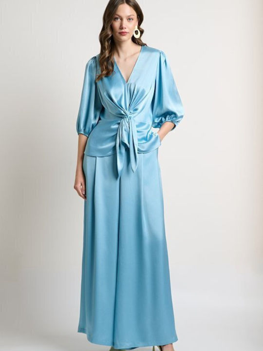 Women's Satin Pantaloons with Rubber Band in Loose Fit Sea Blue