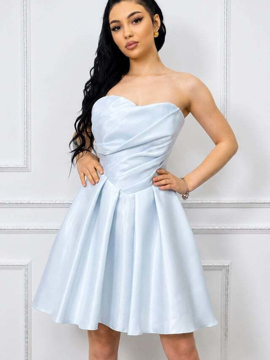 Καλοκαιρινό Mini Βραδινό Φόρεμα Strapless με Τούλι & Διαφάνεια Blue