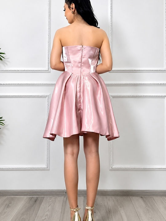 Rochie Mini De Seară De Vară Fără Bretele Cu Plasă Roz Pudrat