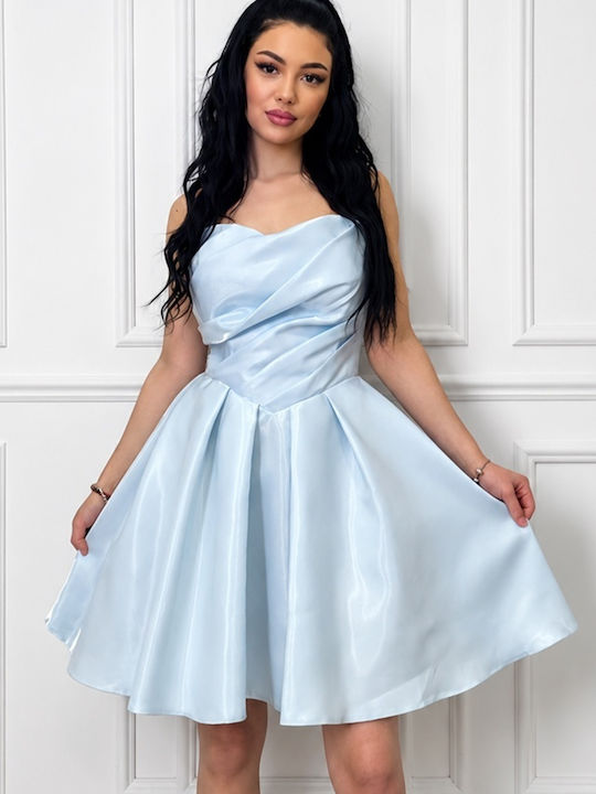 Καλοκαιρινό Mini Βραδινό Φόρεμα Strapless με Τούλι & Διαφάνεια Blue