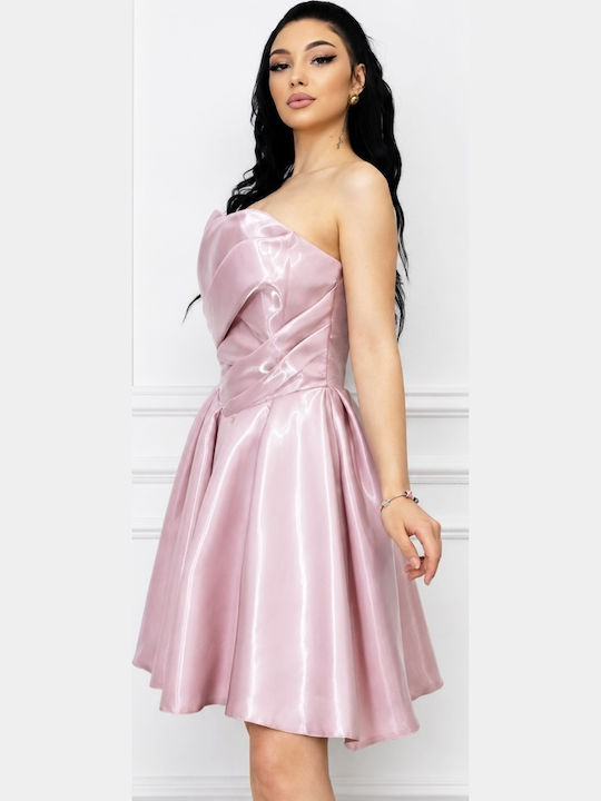 Rochie Mini De Seară De Vară Fără Bretele Cu Plasă Roz Pudrat