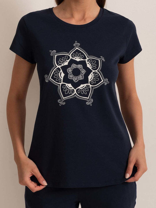 Sofiaman Sofiaman Sommer Baumwollenes Damen Schlafanzug Set Navy Blau
