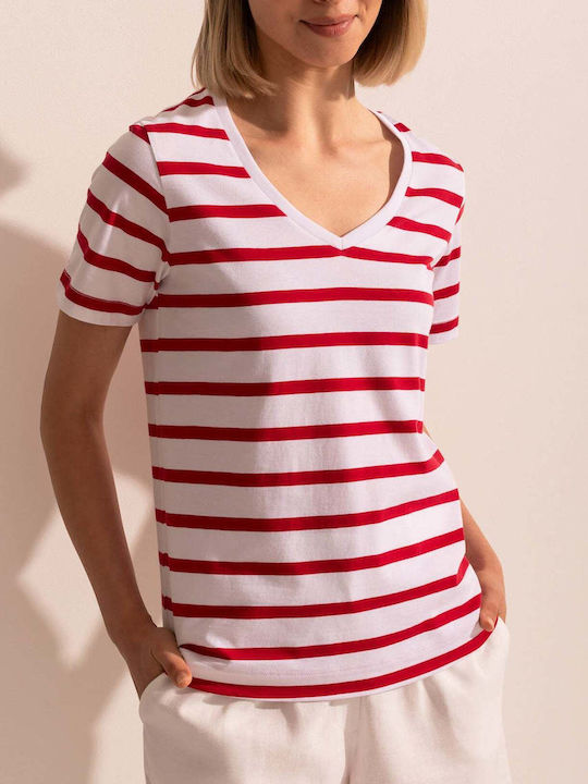 Bluza Damă Bumbac Mâneci Scurte cu Decolteu în V Model Cu Dungi Roșii