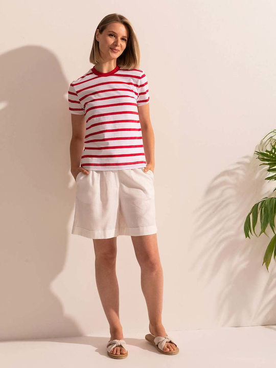 Bluza Damă Bumbac Mâneci Scurte Cu Dungi Roșii Red Stripes