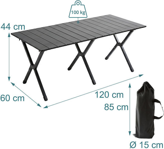 Relaxdays Tabel Oțel pentru Camping Pliabil 44x120x60cm Negru