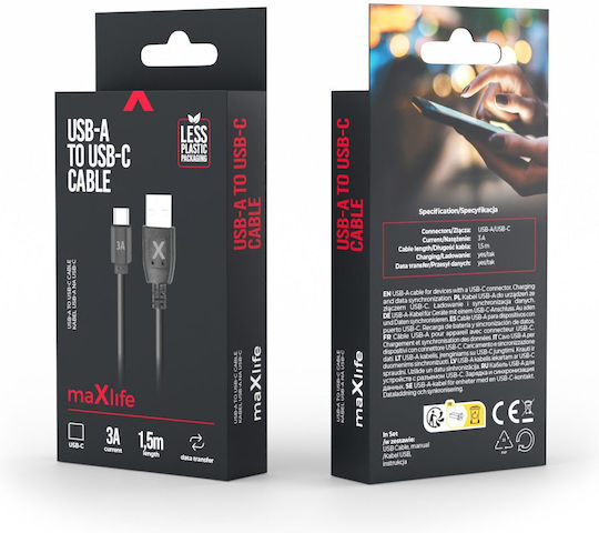 Maxlife USB Typ-C Kabel mit USB-A Terminal Schwarz 1,5 m