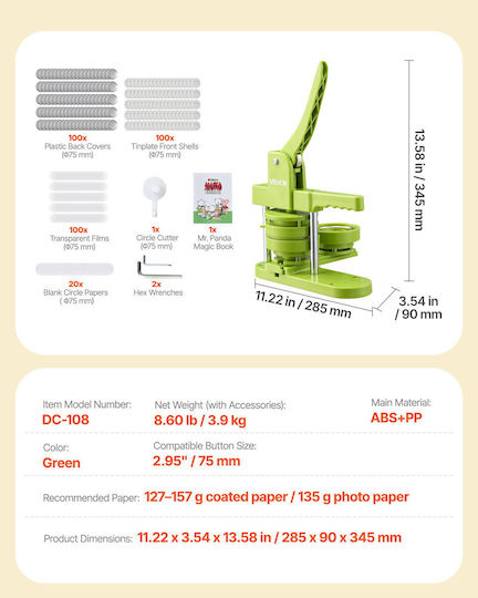 Vevor 75 Mm Plastic Button Maker Machine 100 Pieces Mr Panda Circular Cutter Hex Keys Reinforced Ergonomic Handle Diy Personalized Pins