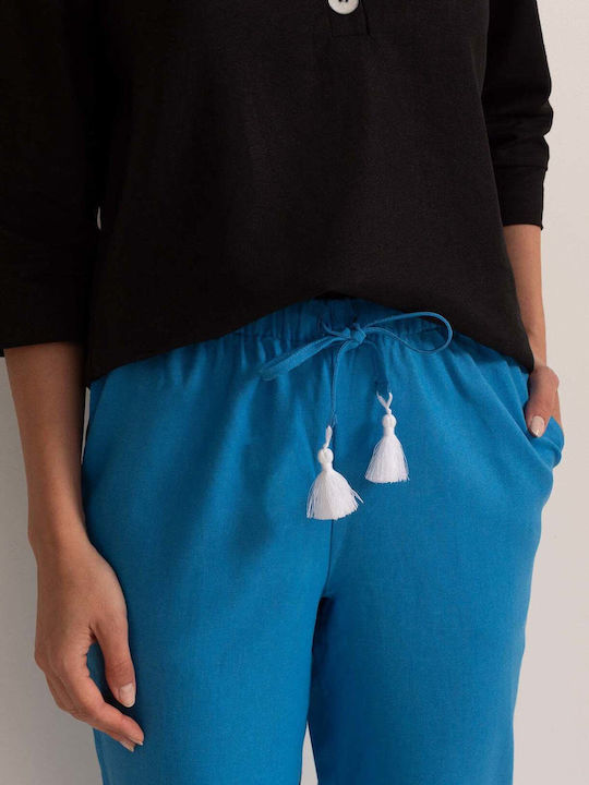 Pantaloni Dama Capri Din In Cu Fit Regular Albastru