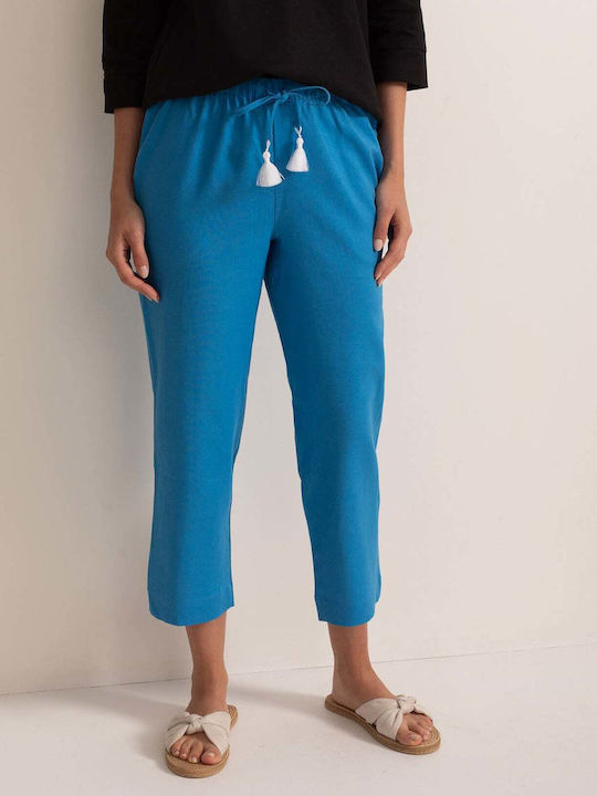 Pantaloni Dama Capri Din In Cu Fit Regular Albastru