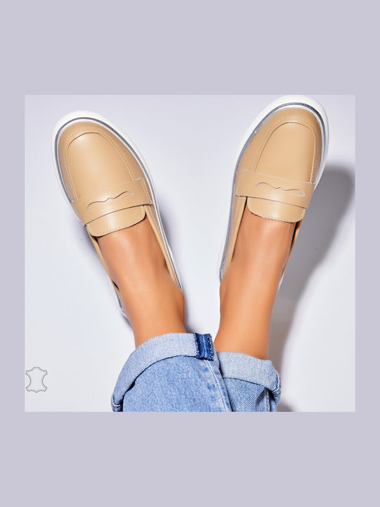 Leather Women's Moccasins in Beige Color