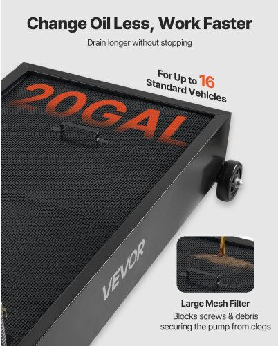 Low Profile Oil Drain Pan 75.7 Liter Capacity Rolling Oil Drain Pan Electric Pump & 2.2 M Hose Leakproof Corrosion Resistant Suitable for Cars SUVs Trucks Motorcycles ATVs Metal