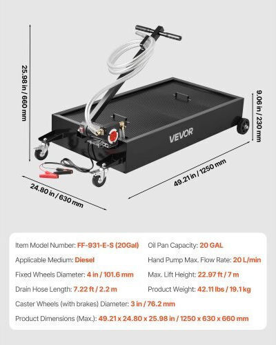 Low Profile Oil Drain Pan 75.7 Liter Capacity Rolling Oil Drain Pan Electric Pump & 2.2 M Hose Leakproof Corrosion Resistant Suitable for Cars SUVs Trucks Motorcycles ATVs Metal