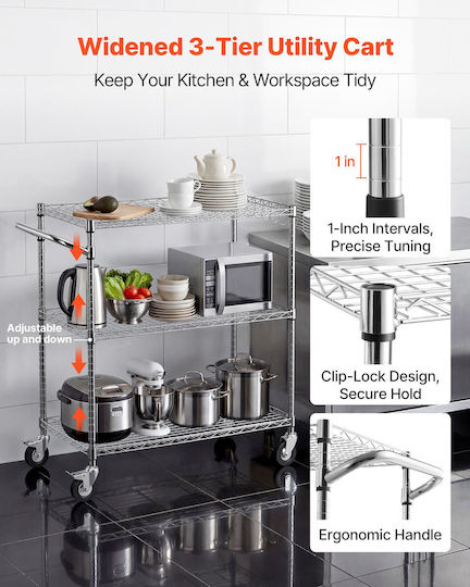 Vevor Vevor Kitchen Trolley Metallic 3 Tiers Silver 89x45x104cm
