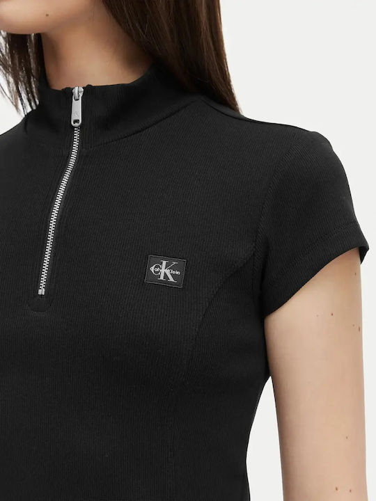 Damen Bluse Baumwolle Kurzärmelig mit Reißverschluss Schwarz