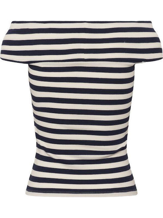 Γυναικεία Μπλούζα Βαμβακερή Off-Shoulder Αμάνικη Ριγέ Μπλέ-άσπρη