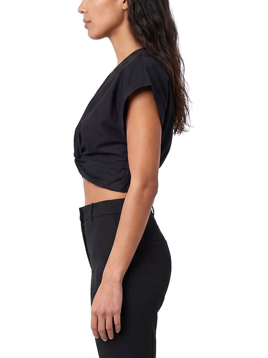 Women Twenty-29 Crop Cotton Sleeveless Top with V-Neckline Black