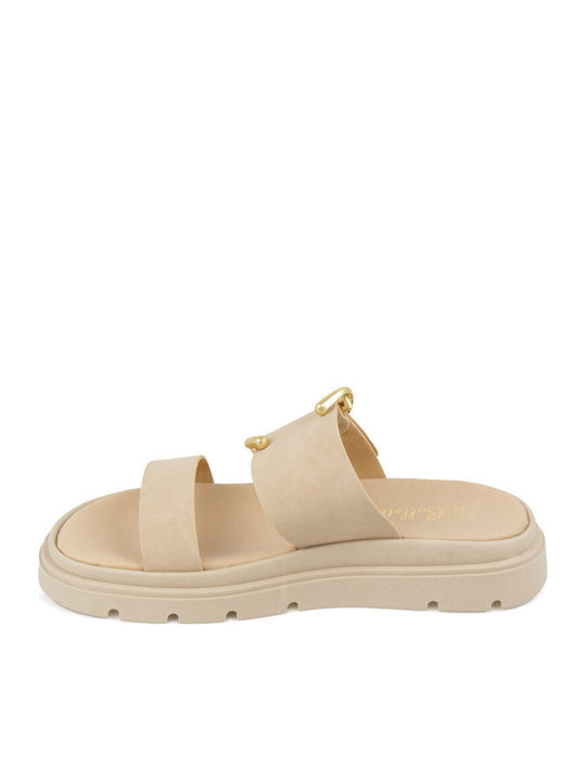 Leather Women's Flat Sandals Flatforms Beige