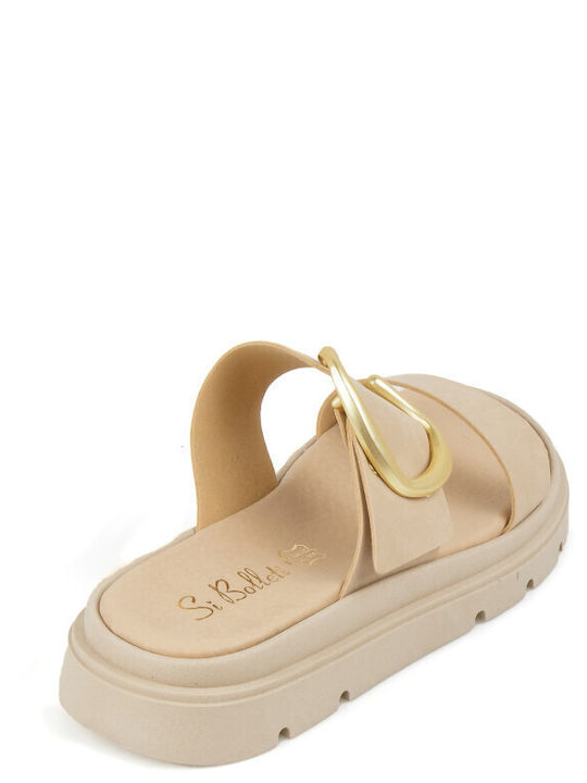 Leather Women's Flat Sandals Flatforms Beige