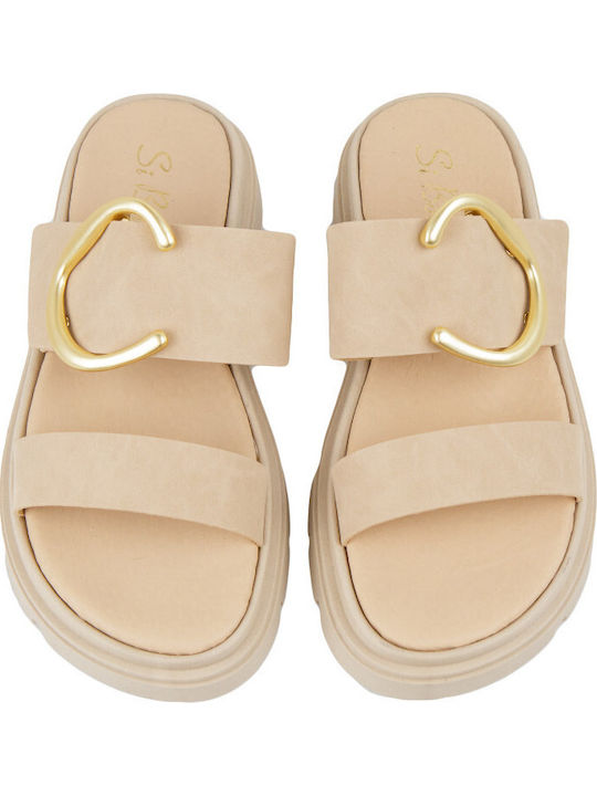 Leather Women's Flat Sandals Flatforms Beige