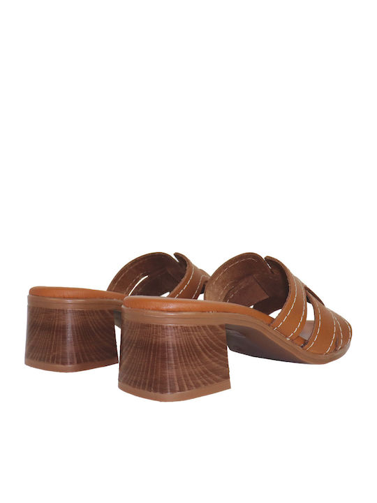 Leather Mules With Low Heel In Tabac Brown Color