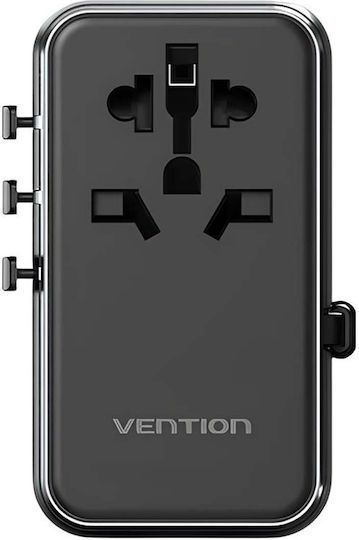 Vention Universal Reiseadapter 3 USB Steckdosen USB-C Kabel Gan Technologie Schwarz