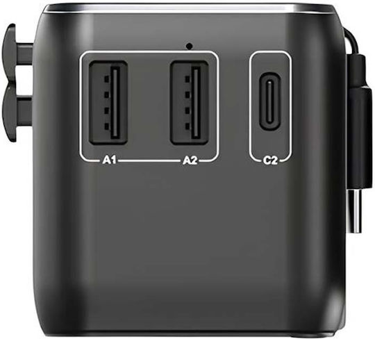 Vention Universal Reiseadapter 3 USB Steckdosen USB-C Kabel Gan Technologie Schwarz