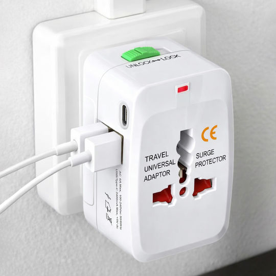 Avizar Adaptor Universal de Călătorie USB USB-C Protecție la Supratensiune Alb