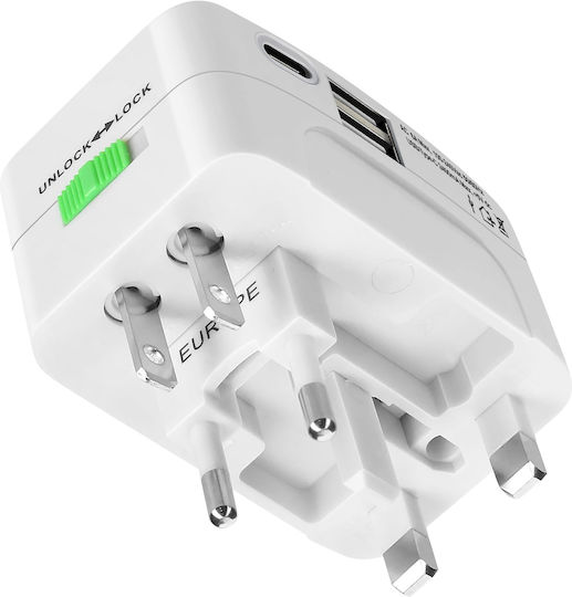 Avizar Adaptor Universal de Călătorie USB USB-C Protecție la Supratensiune Alb