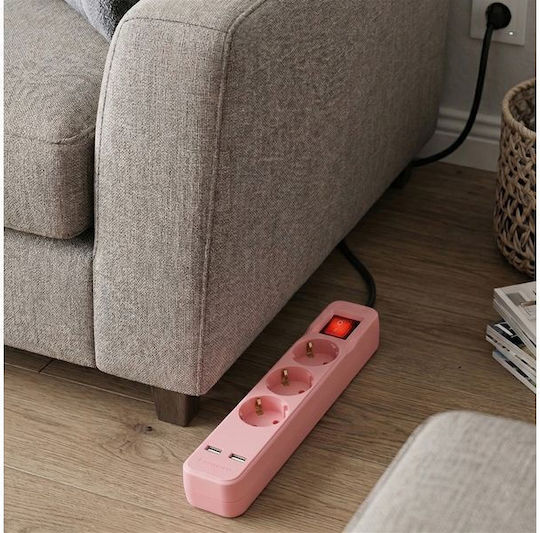 Entac Entac Steckdosenleiste Sicherheit 3 Anschlüsse mit 2 USB-A, Schalter und Kabel 1,5 m Rosa