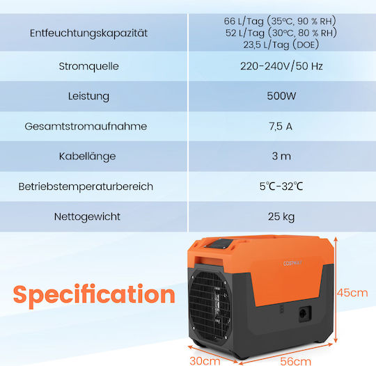 Costway Βιομηχανικός Ηλεκτρικός Αφυγραντήρας 500W