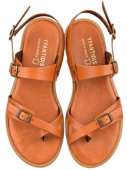 Leather Women's Flat Sandals Tabac Brown