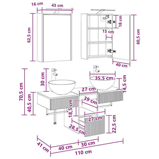 vidaXL Плот с Мивка и Огледало със Светлина 43x16x62.5cm Сонома Дъб