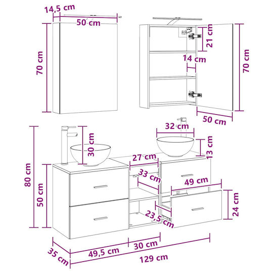 vidaXL Плот с Мивка и Огледало със Светлина 50x14.5x70см Сив