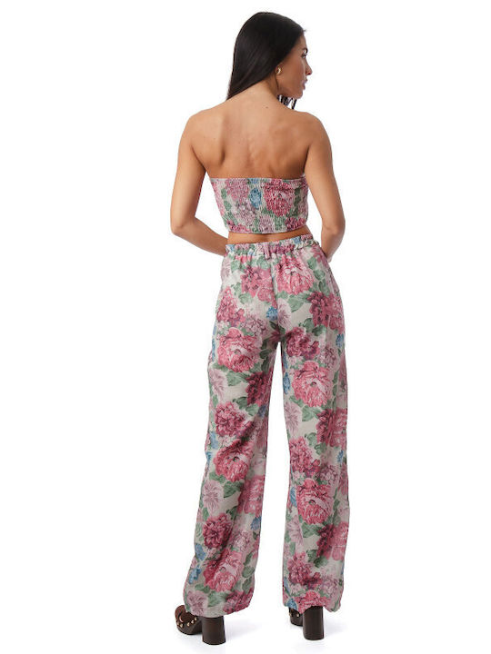 Ροζ Σετ Παντελόνα Strapless Τοπ Φλοράλ Prints
