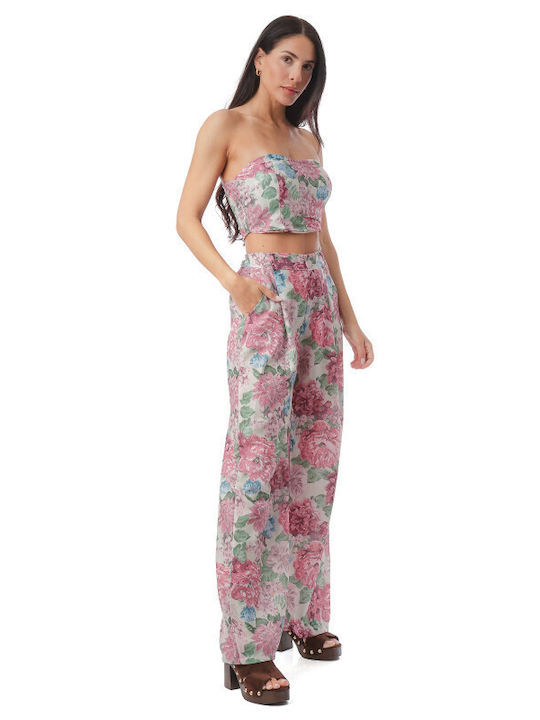 Ροζ Σετ Παντελόνα Strapless Τοπ Φλοράλ Prints