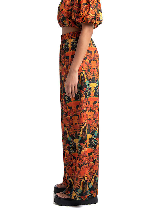 Damen Hochgeschnittene Baumwollpantaloons mit Gummiband in Breit Bein Stil Rot- Schwarz- Orange S26A8177-Black