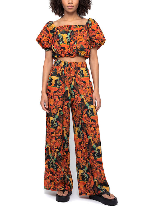 Damen Hochgeschnittene Baumwollpantaloons mit Gummiband in Breit Bein Stil Rot- Schwarz- Orange S26A8177-Black