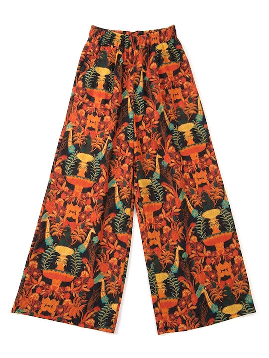 Damen Hochgeschnittene Baumwollpantaloons mit Gummiband in Breit Bein Stil Rot- Schwarz- Orange S26A8177-Black