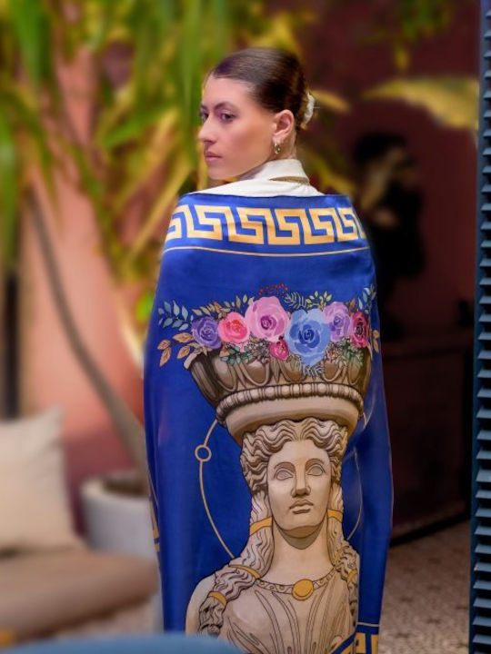 Kalfas Luxury Silk Square Pure Silk Scarf Women's Silk Blue Shawl