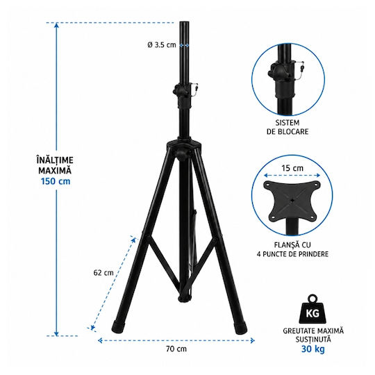 Stativ Trepied Metalic Pentru Boxe Audio Depox Reglabil 150 Cm Înălțime Maximă 30 Kg Negru