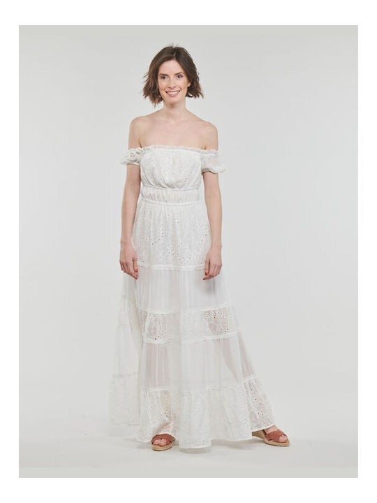Zena Summer Maxi Dress for Wedding Christening Off-Shoulder with Lace White